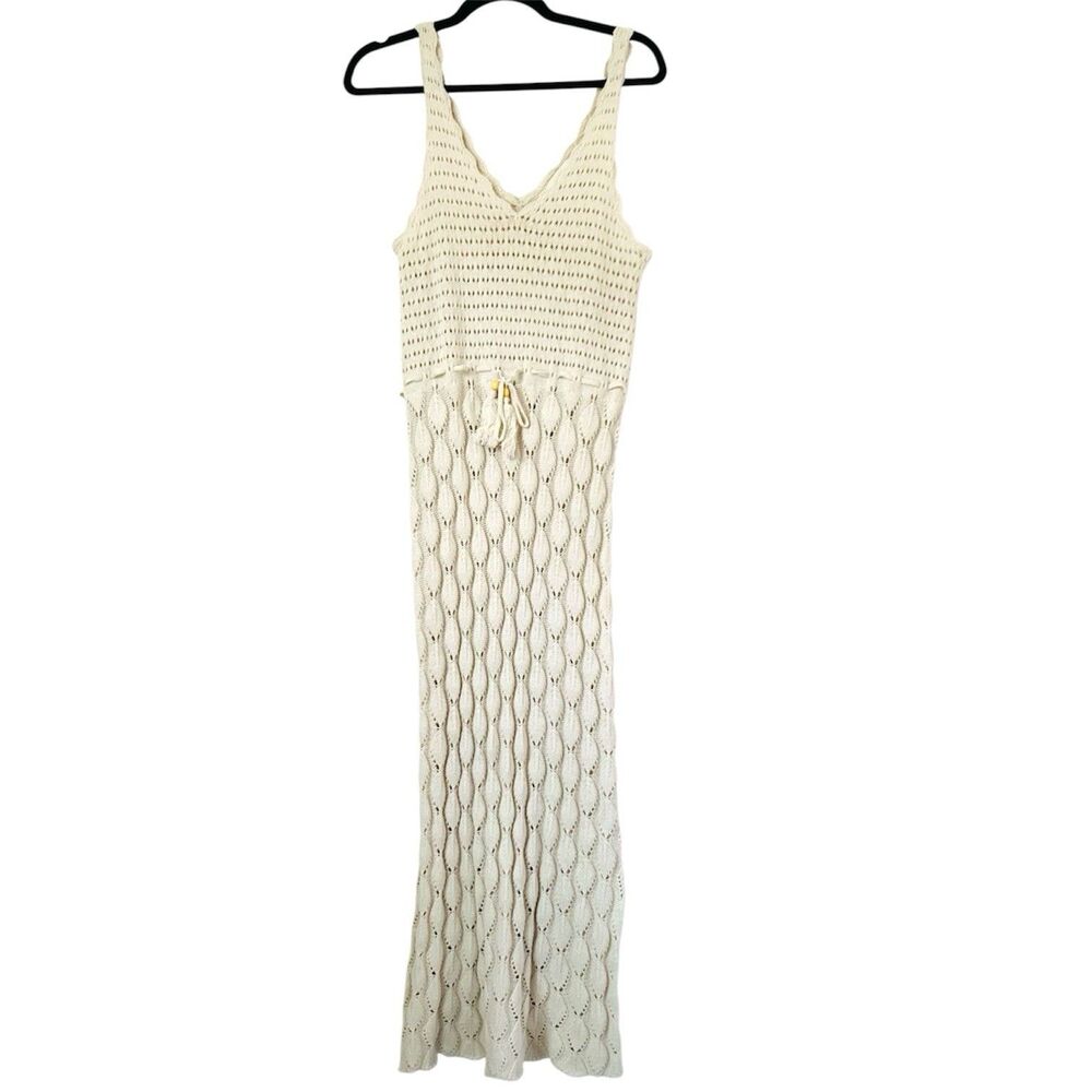 Freshman 1996 Crochet Knit Dress Women M Beige‎ Maxi Bodycon Sheer Boho Beach